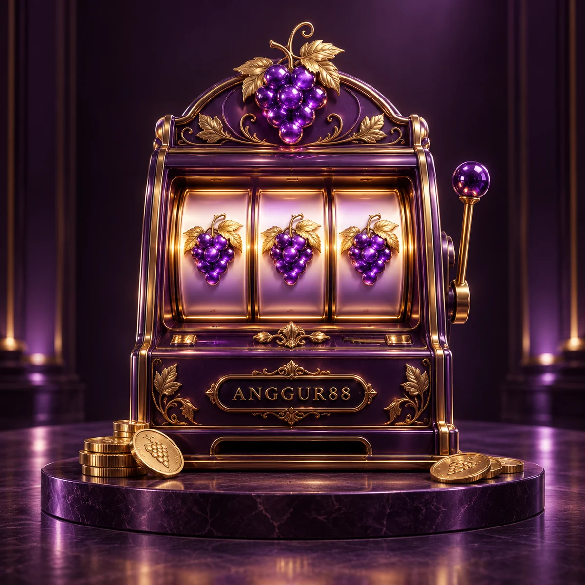 Ilustrasi kabinet slot ungu ANGGUR88 dengan simbol anggur dan koin emas